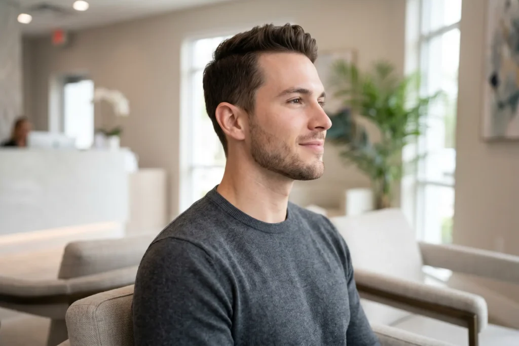 A smiling man in profile, sitting in a modern waiting room