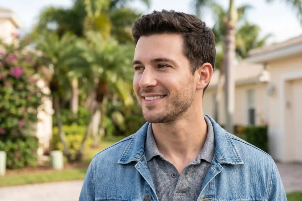 A smiling young man with a sculpted, youthful jawline standing outdoors