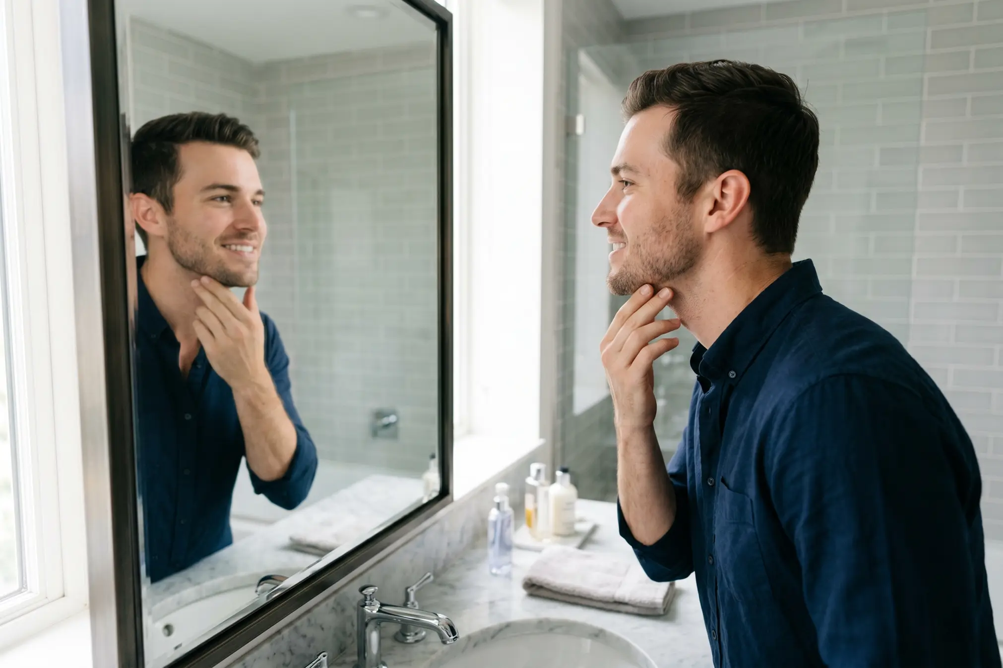 A young man admiring his sharp jawline in a mirror