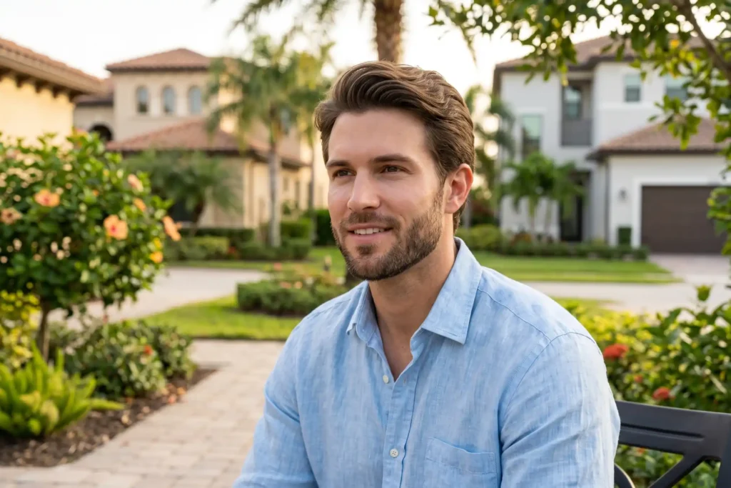 A smiling young man with a sculpted, youthful jawline standing outdoors