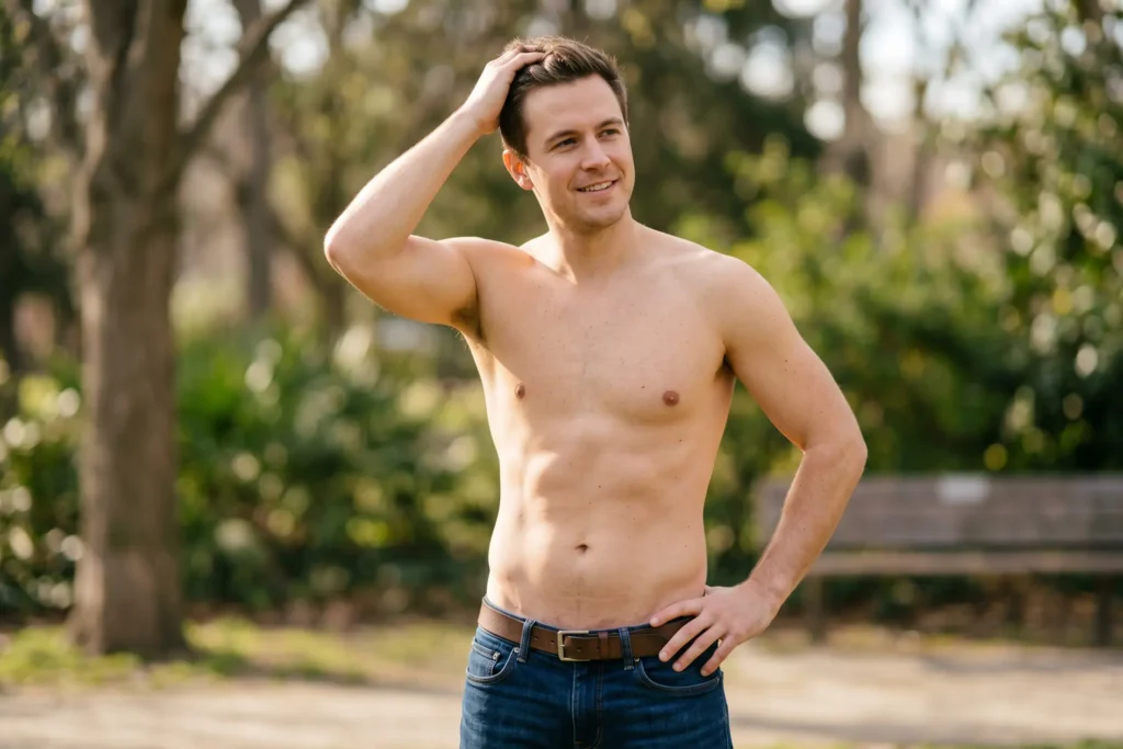 A fit man with a toned abdomen, a realistic Tummy Tuck result.