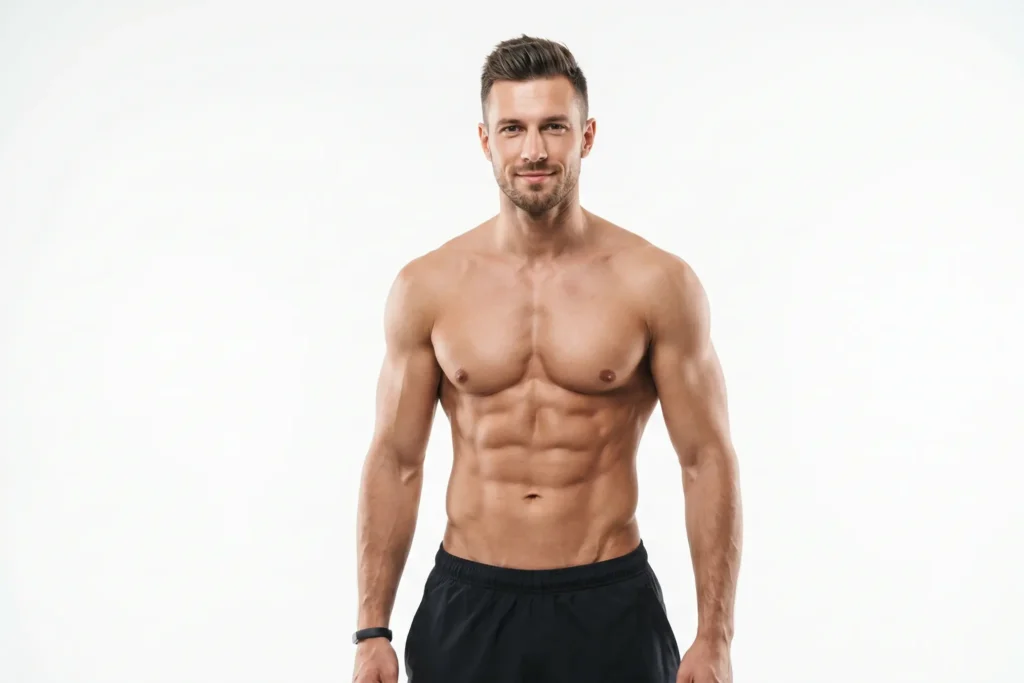 Muscular man with six-pack abs on a white background after liposuction