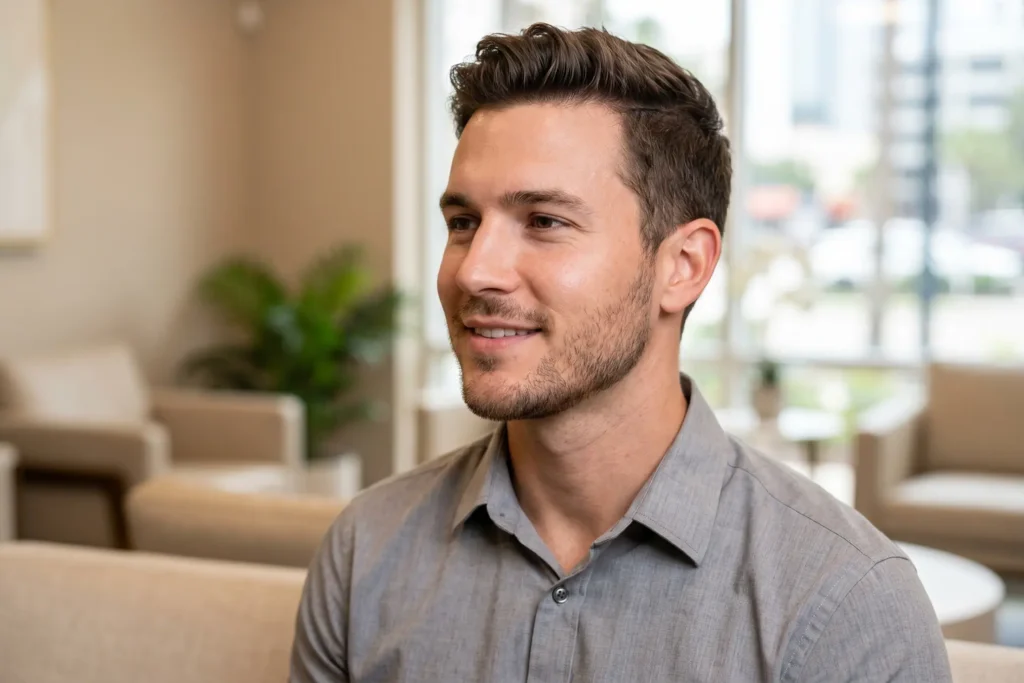 Portrait of a young man with a firm, defined jawline