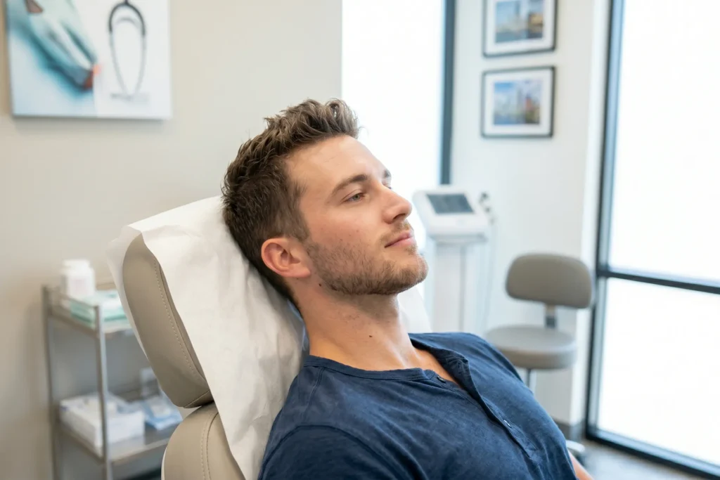 Young man with a defined jawline in a clinic setting