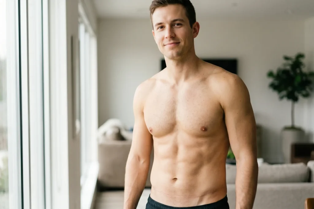 Young man showing Tummy Tuck results.
