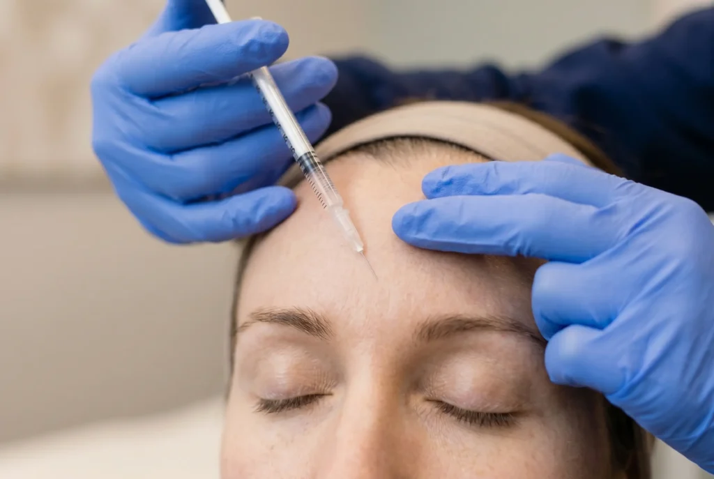 Close-up of a baby Botox micro-injection in a patient's forehead at a clinic