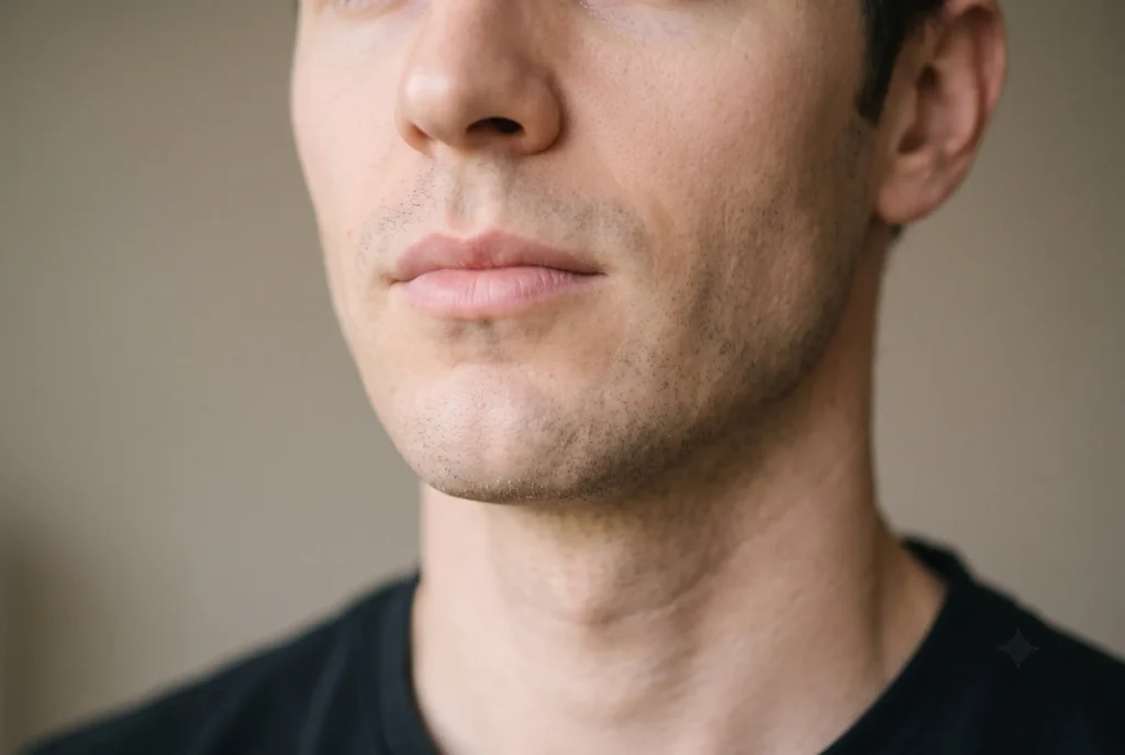 Close-up of a natural, defined jawline after non-surgical contouring