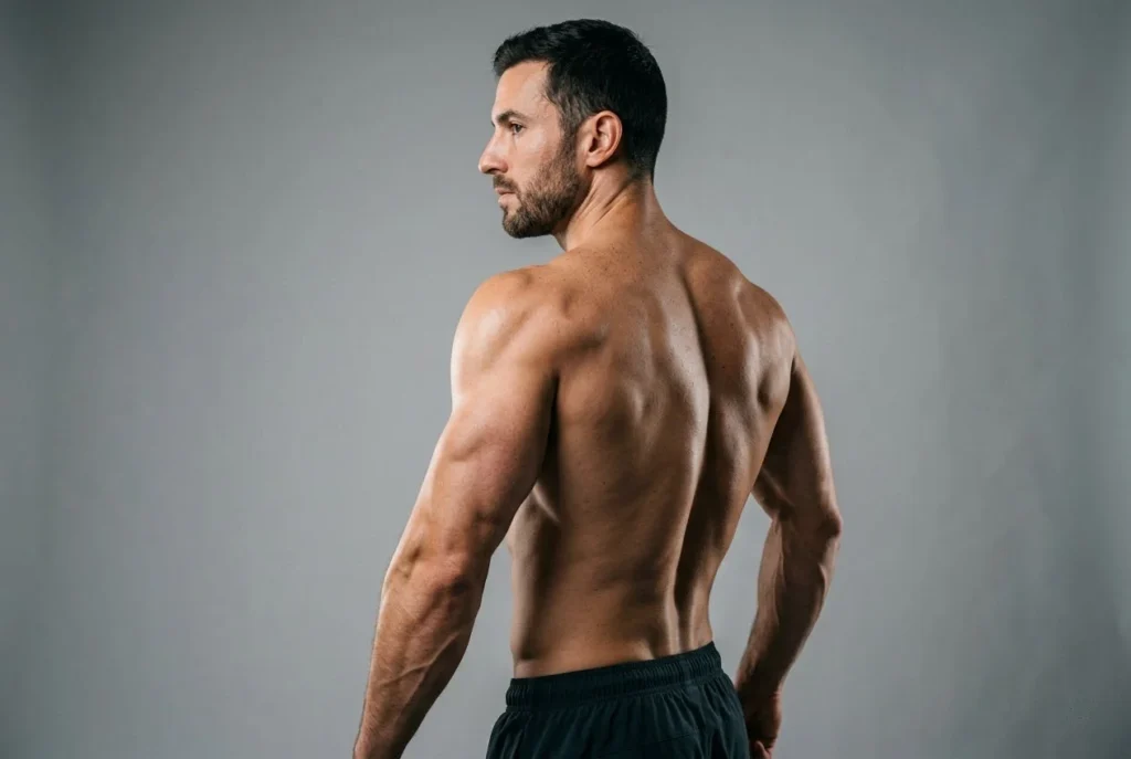 Fit man showing sculpted arms and back after HD liposuction for men