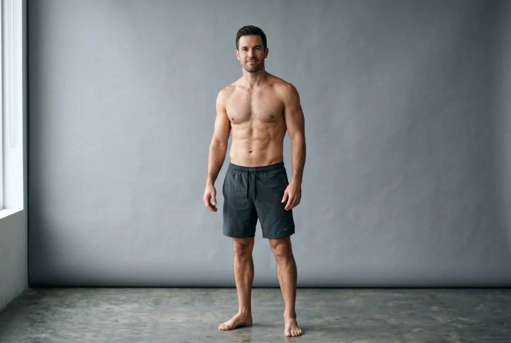 Fit man with a sculpted flat stomach after high def liposuction on the abdomen