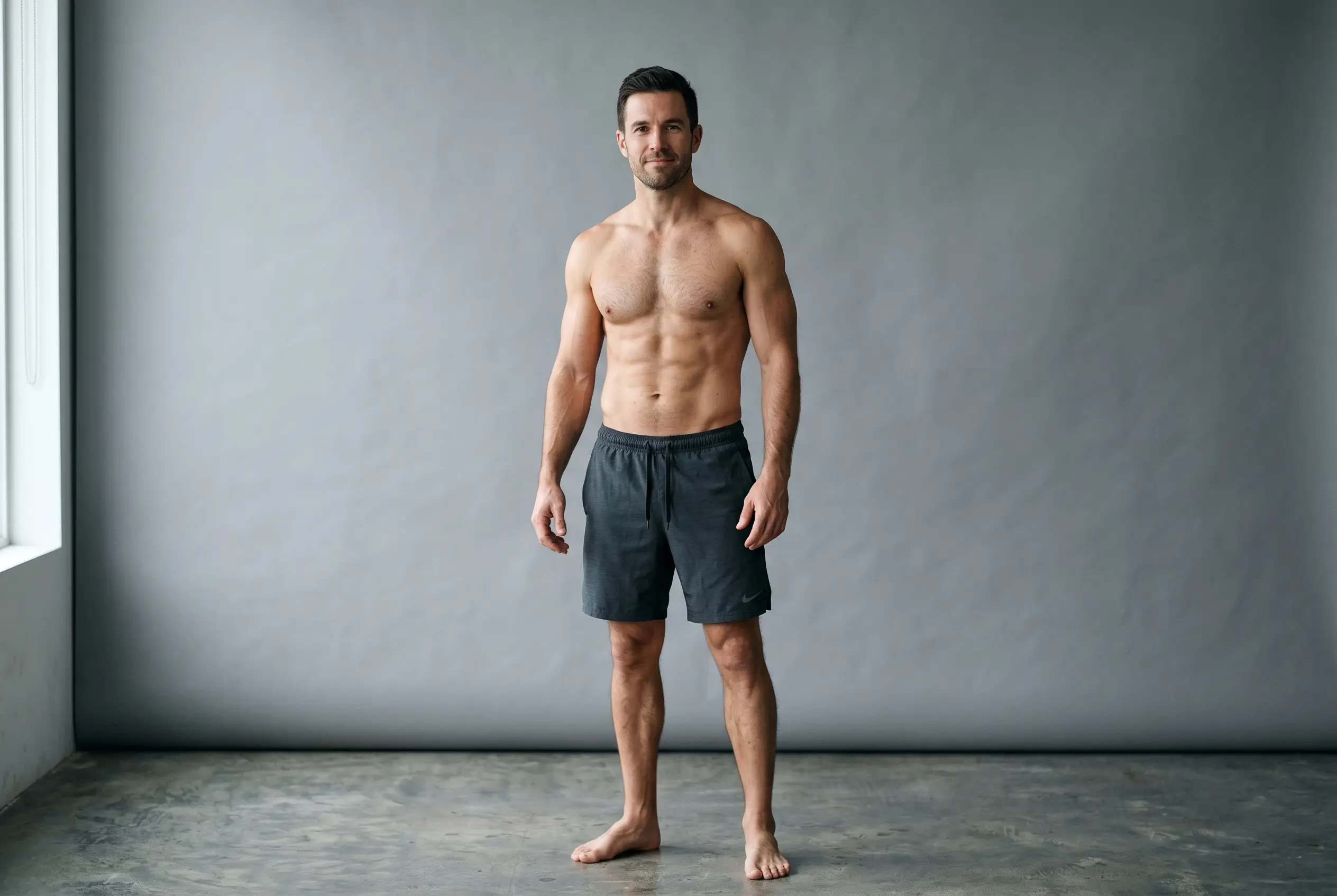 Fit man with a sculpted flat stomach after high def liposuction on the abdomen
