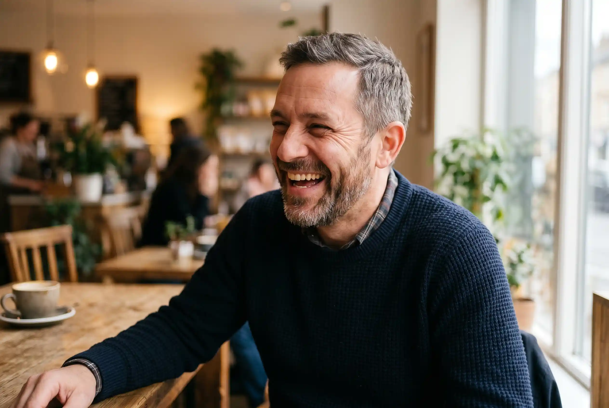 Man laughing with natural smile lines around her mouth before Botox for smile lines