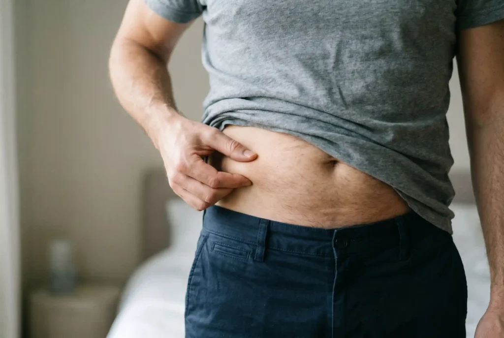 Man pinching belly fat while researching whether tesamorelin burns belly fat