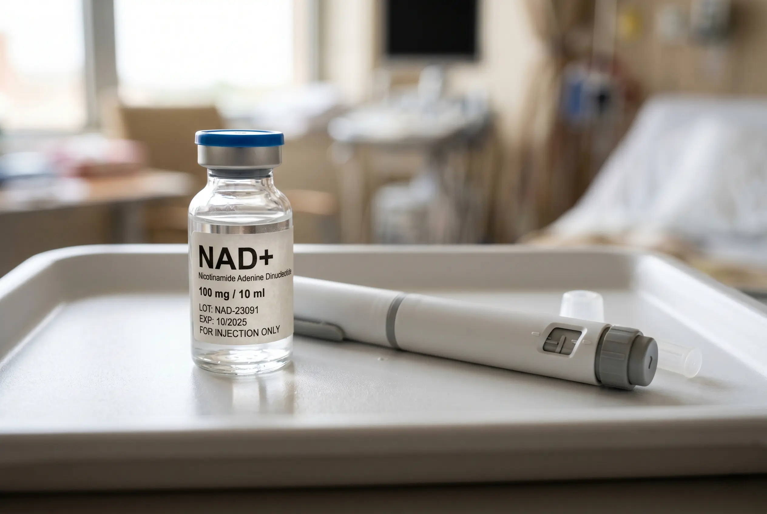 NAD+ vial beside an injection pen illustrating whether NAD+ is like Ozempic