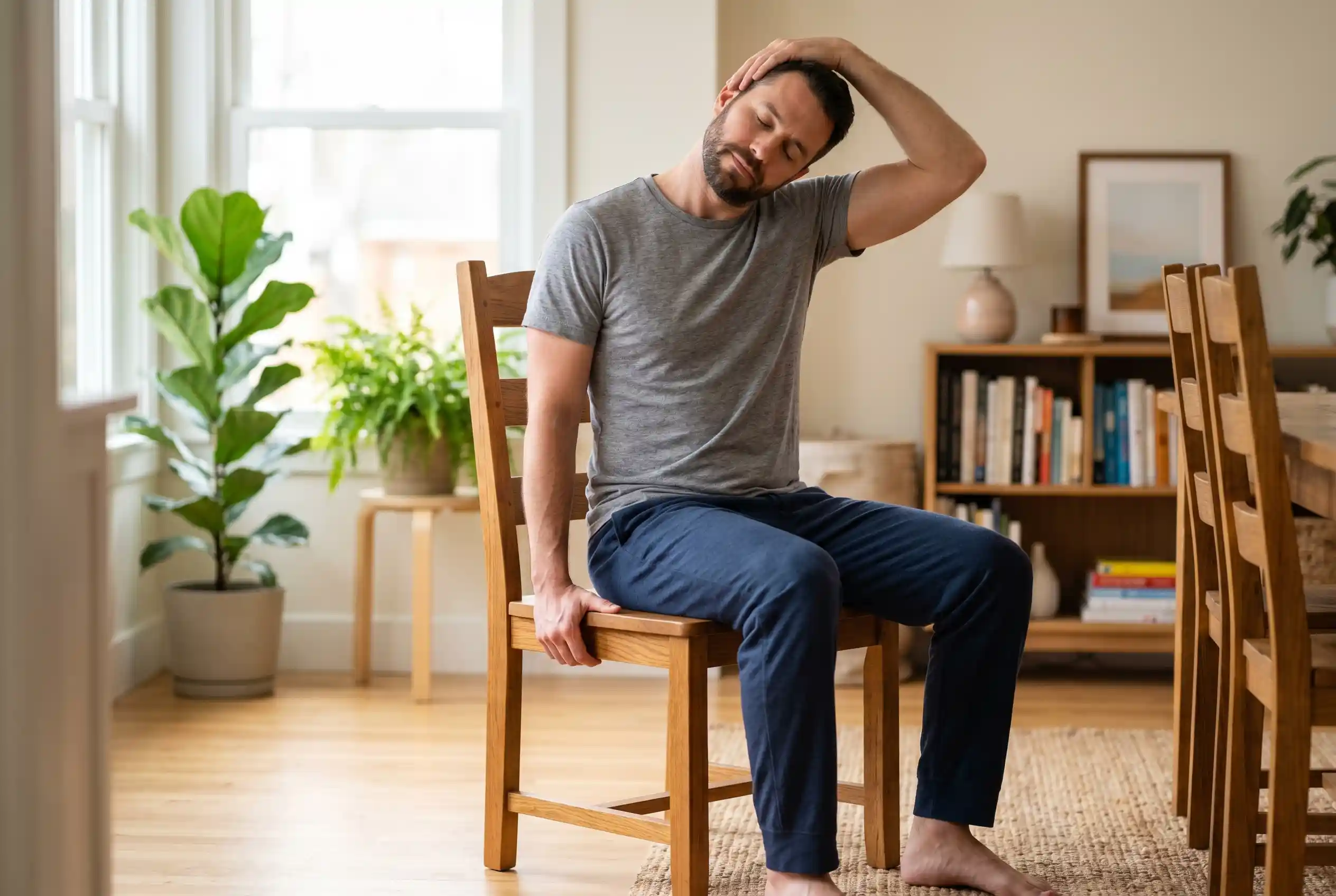 Neck stretch exercise to support jawline firmness without surgery