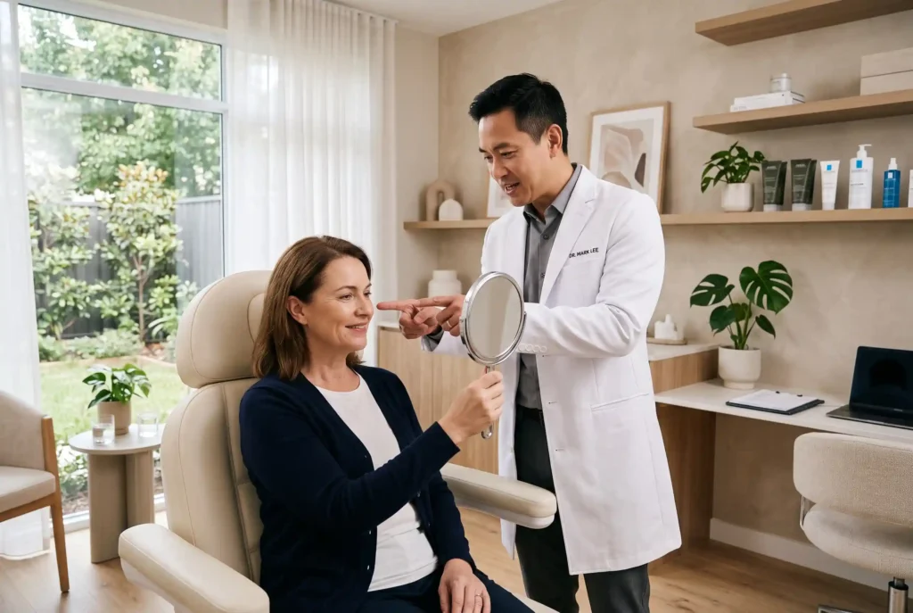 PDO thread lift consultation at a clinic with patient and provider talking