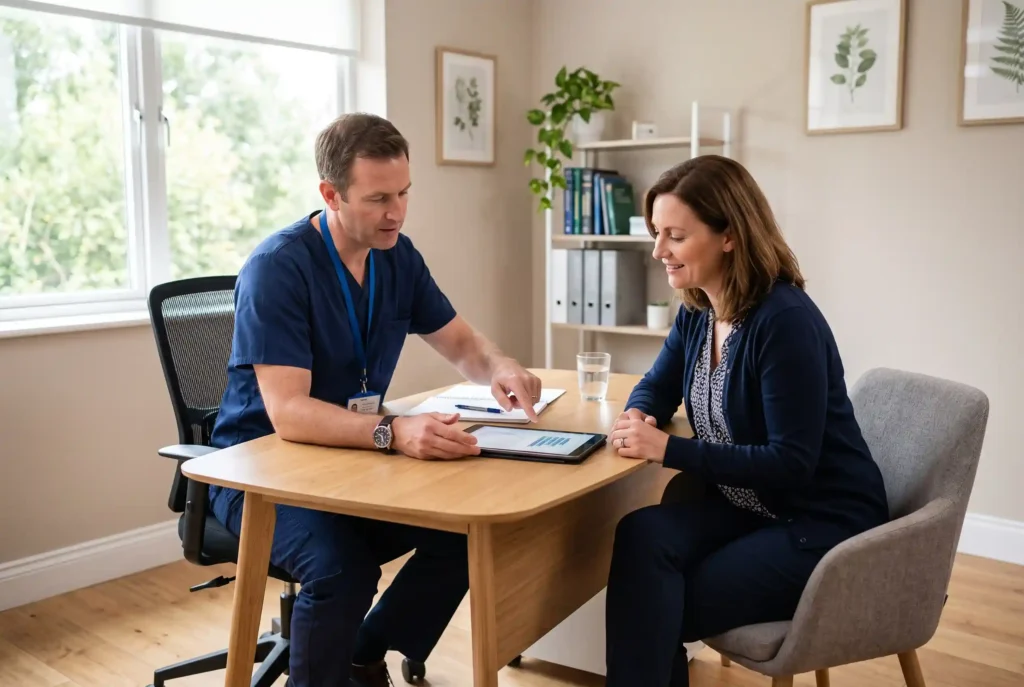 Patient and provider reviewing a PRP hair treatment and supplement plan in Tampa