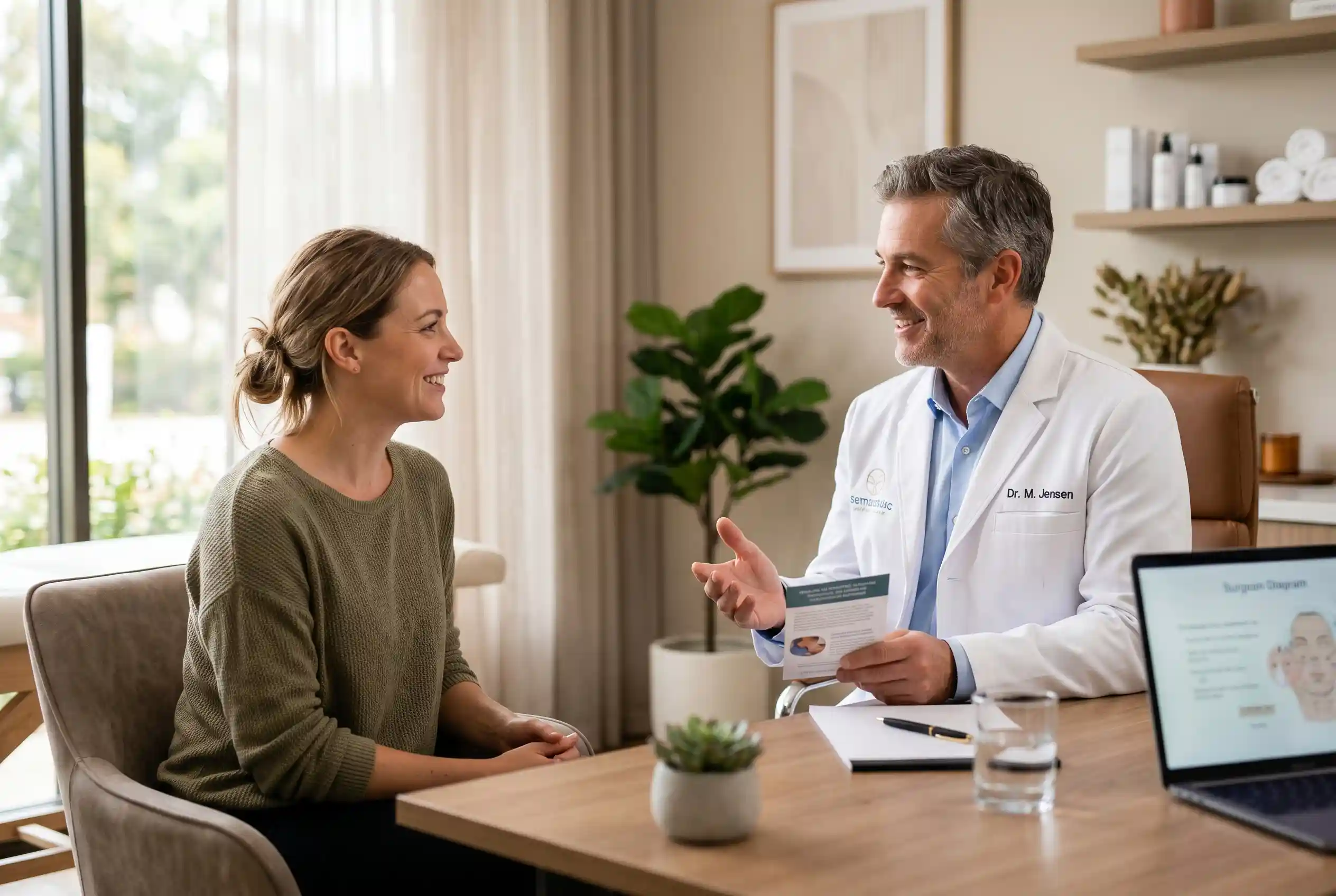 Patient discussing when to drink alcohol after a PDO thread lift during a clinic consultation