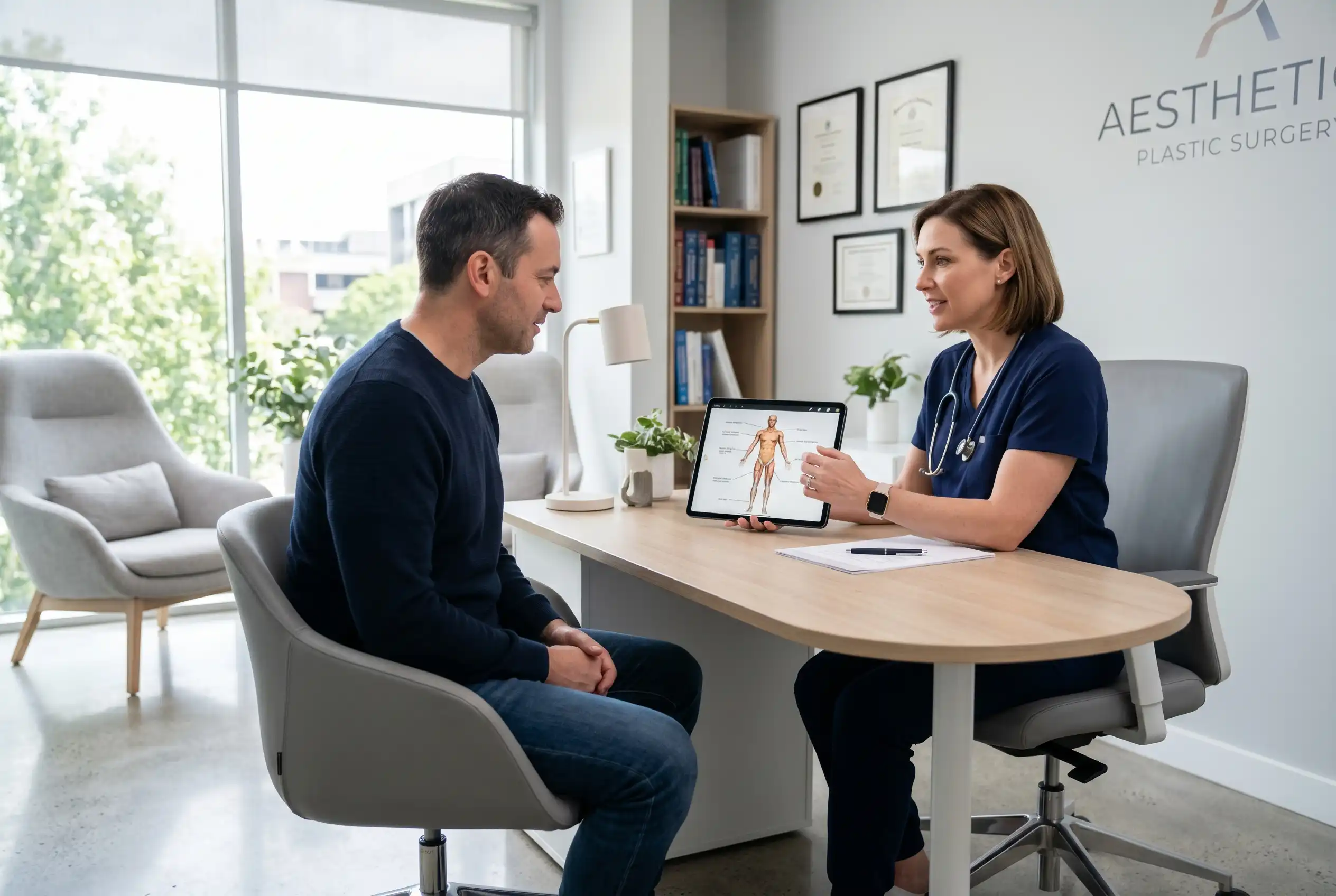 Patient discussing whether liposuction is a major surgery during a consultation