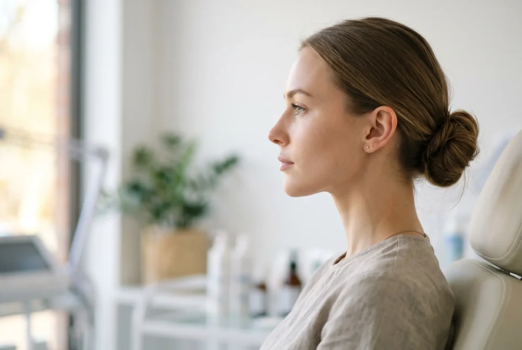Side profile showing defined jawline after neck liposuction risks were minimized