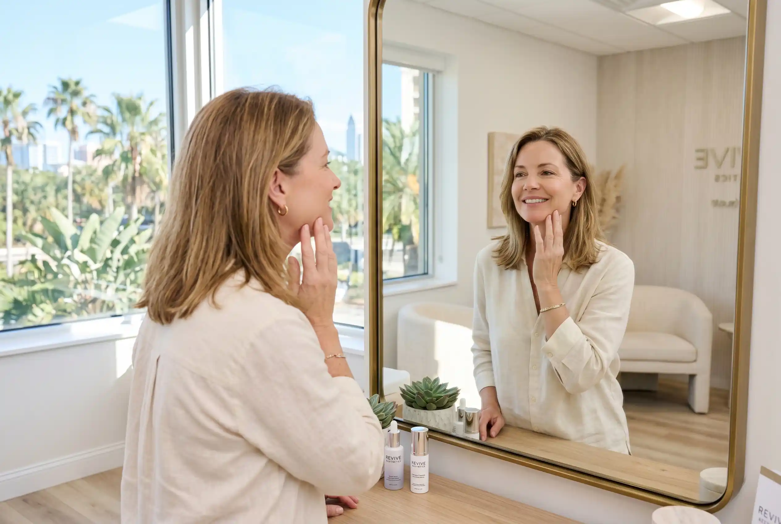 Woman checking her jawline before a non-surgical facelift consultation