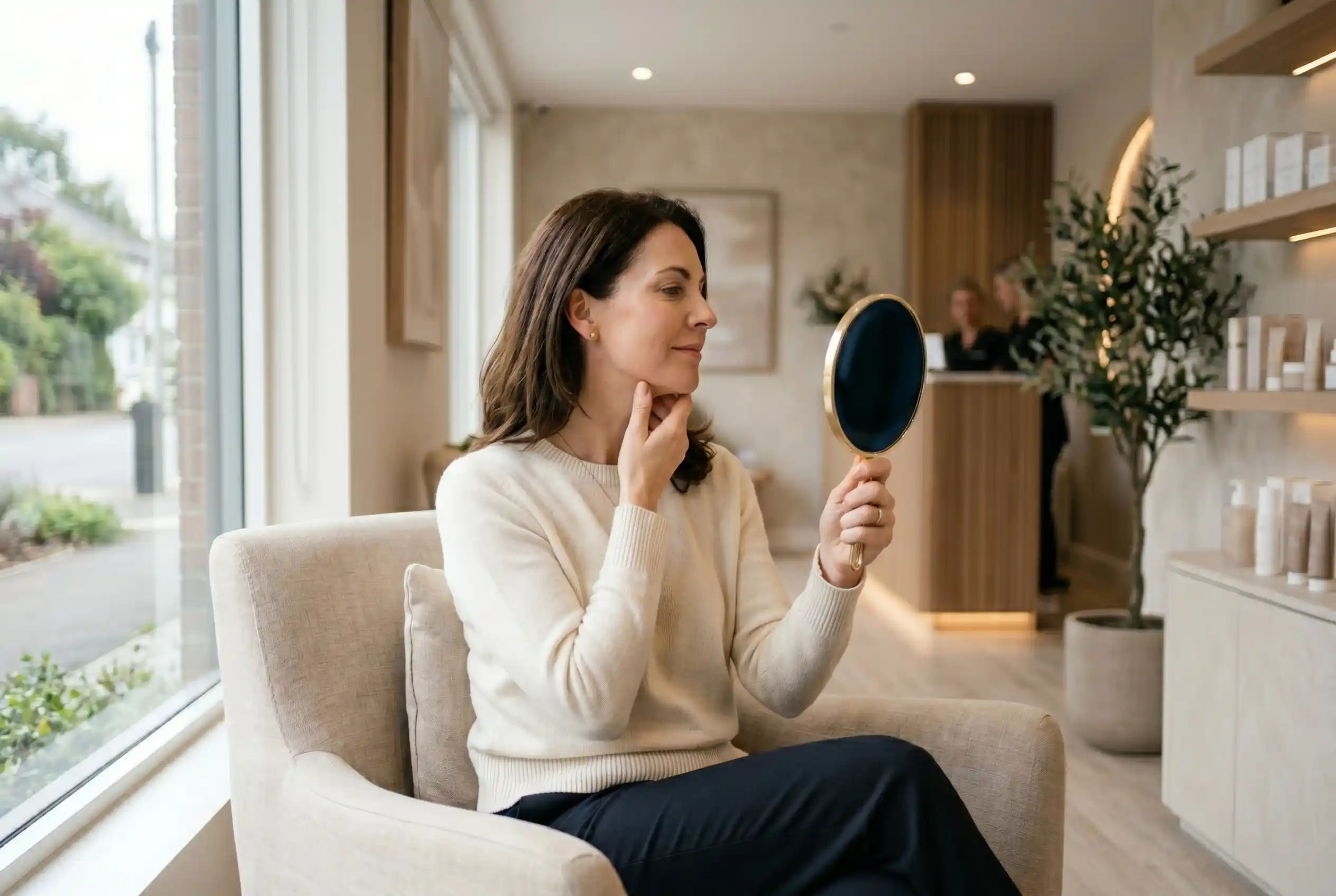 Woman checking her lifted jawline in a mirror after a PDO thread lift