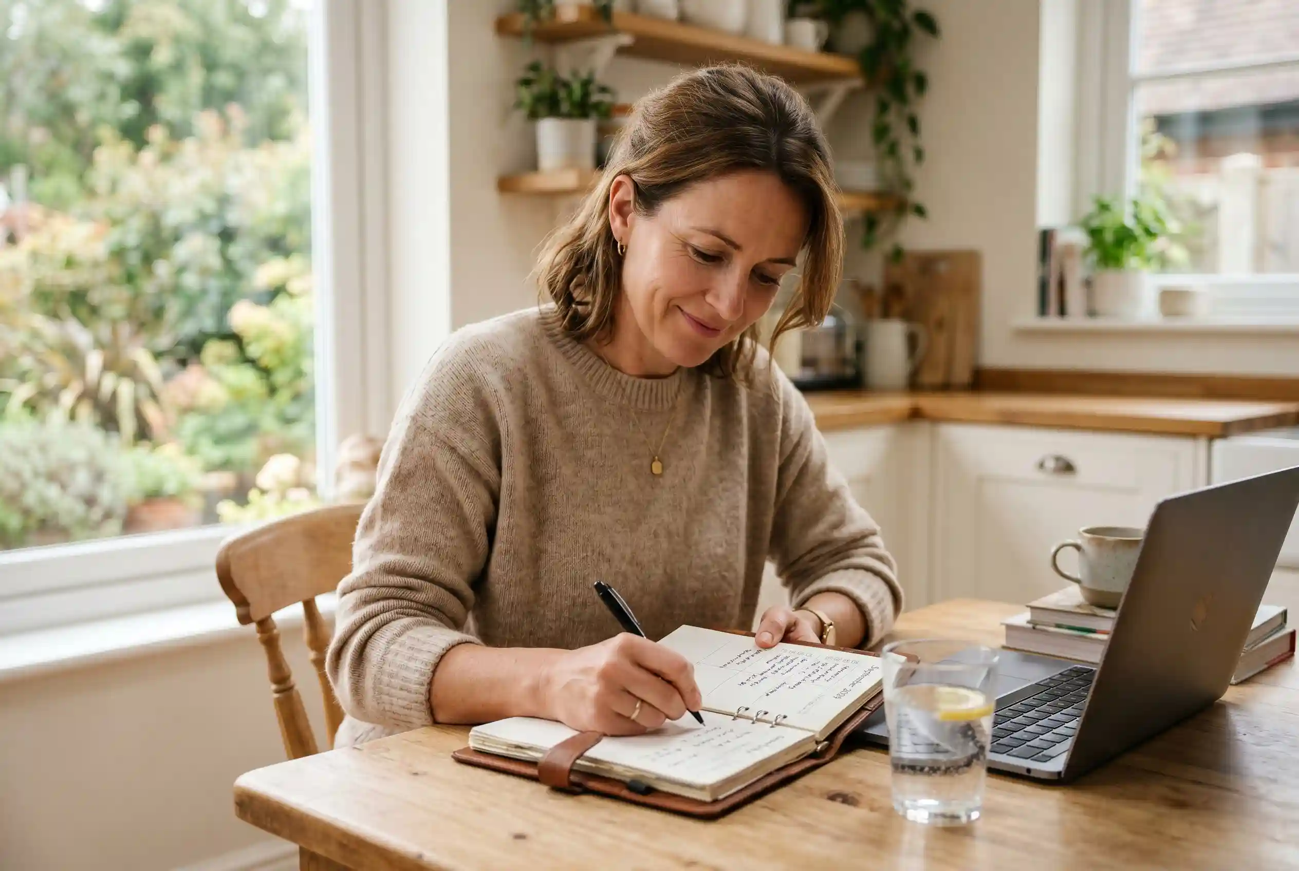 Woman planning how to prepare before a tummy tuck at her kitchen table