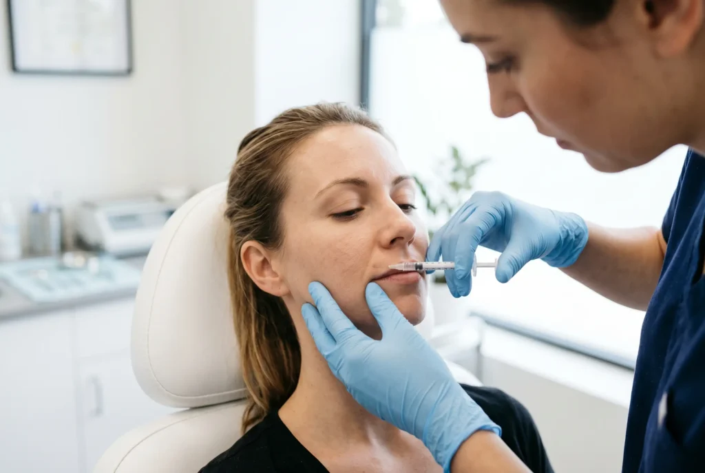 Clinician injecting Botox near the mouth during a smile lines treatment