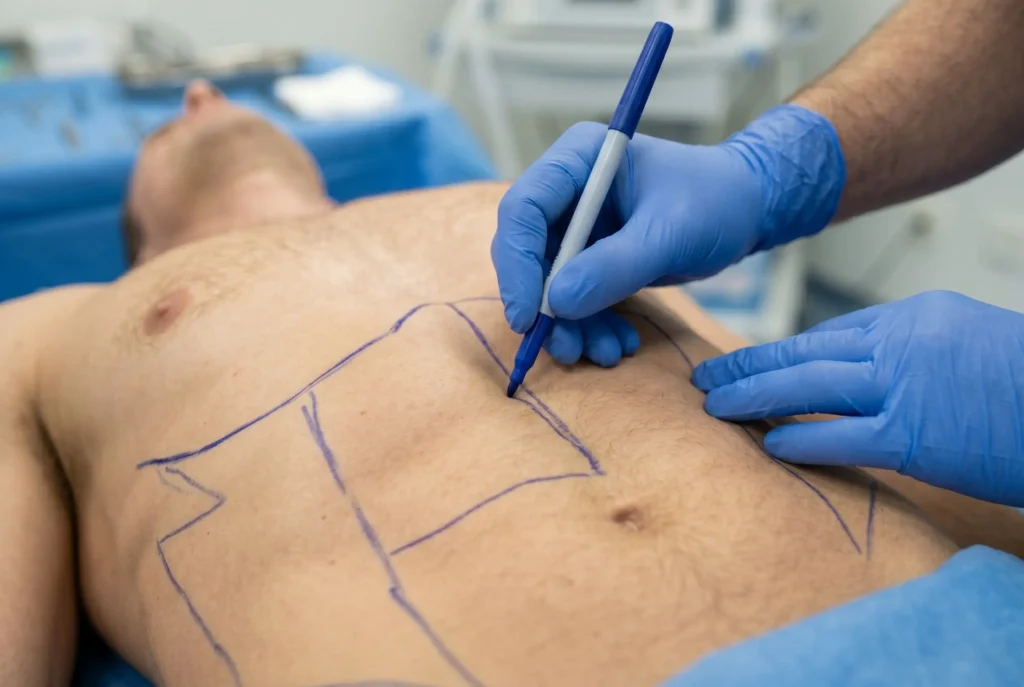 Surgeon marking abdominal muscles before HD liposuction surgery