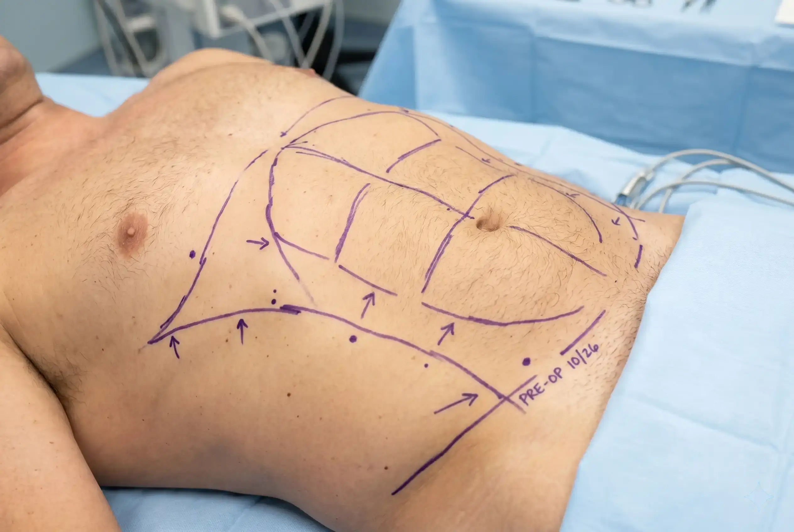 Surgical markings mapping high def liposuction etching lines on a stomach