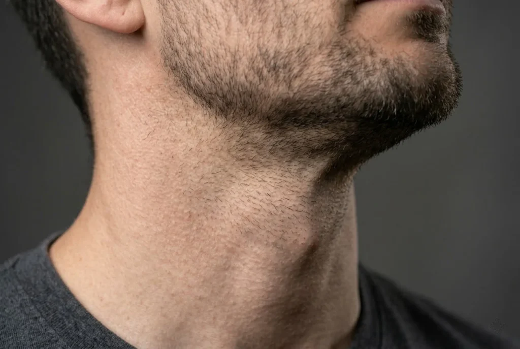 Close-up of the under-chin and neck area targeted by neck liposuction for a sharper jawline