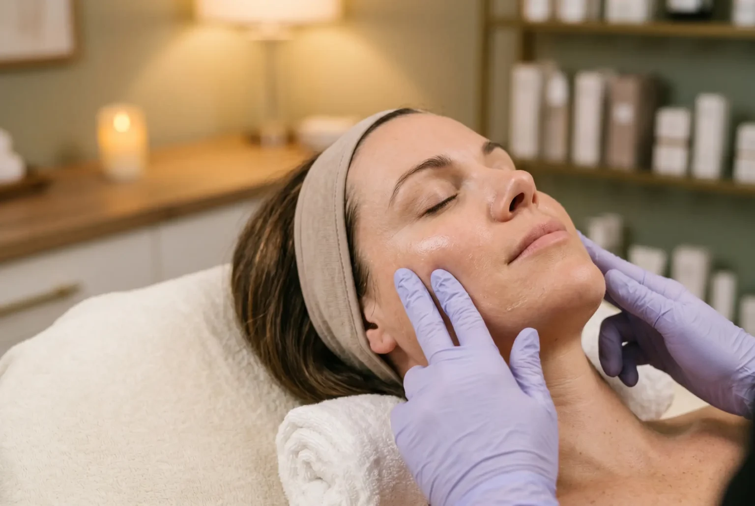 Gentle facial massage smoothing PDO thread puckering during recovery