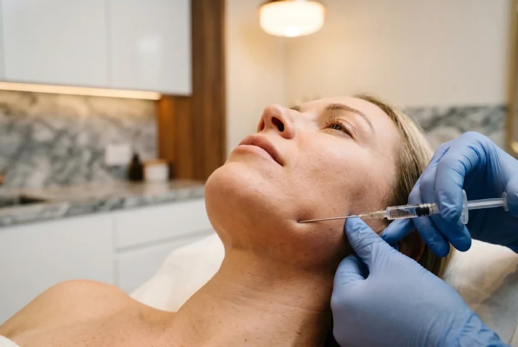 Jawline filler treatment refining the lower face during a non-surgical neck lift