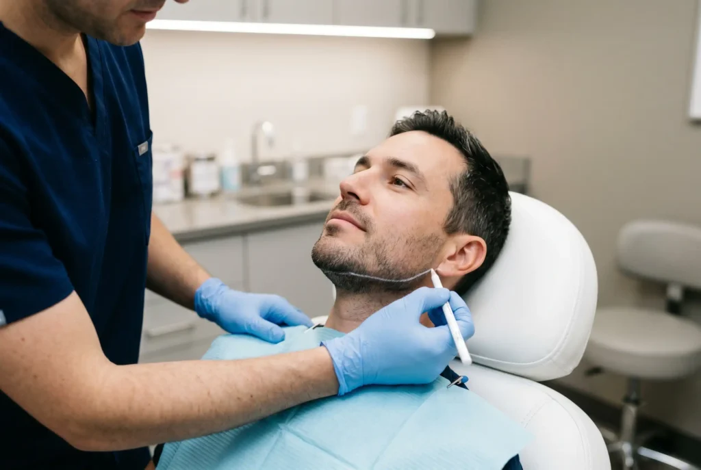 Mapping the jaw before jawline filler is done in a clinic