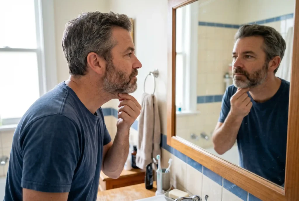 Man checking chin fat to consider neck liposuction candidacy