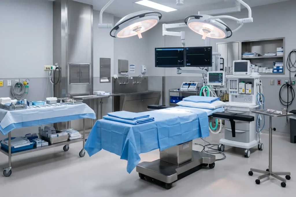 An immaculate, modern outpatient surgical suite featuring a centered surgical bed draped in light blue linens beneath dual overhead surgical lights