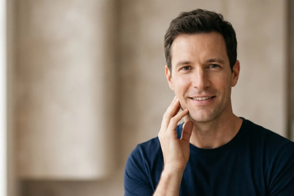 Confident man with natural, refreshed skin after Botox
