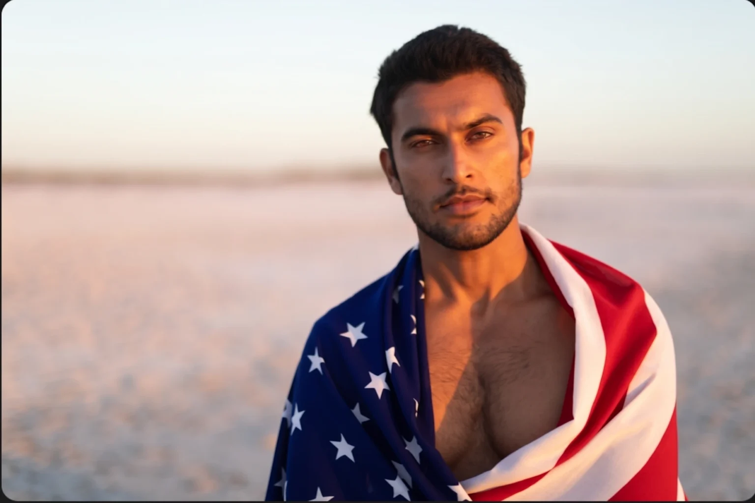 Man wrapped in american flag standing on the beach