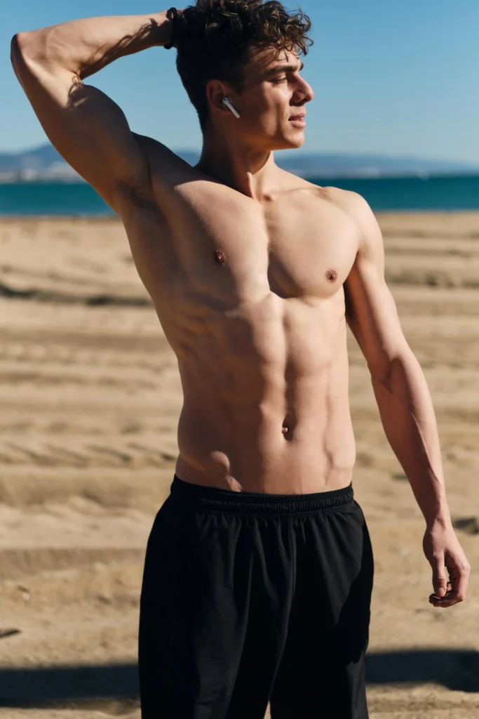 Young handsome sporty man with naked torso resting after workout outdoor