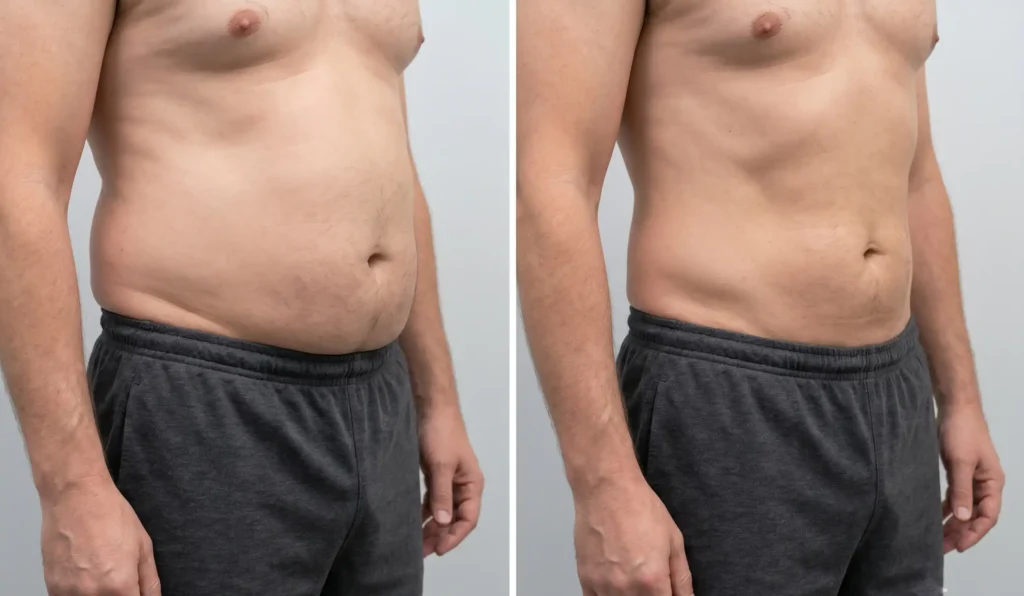 Before and after midsection comparison showing lasting 360 liposuction results