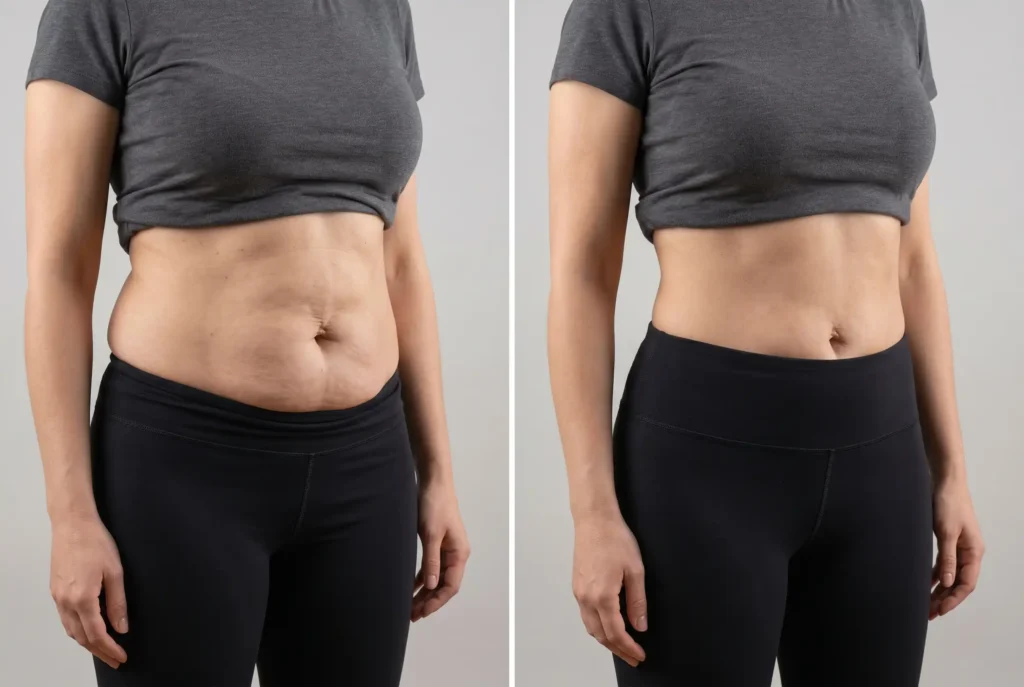 Before and after mommy makeover combining a tummy tuck and breast lift