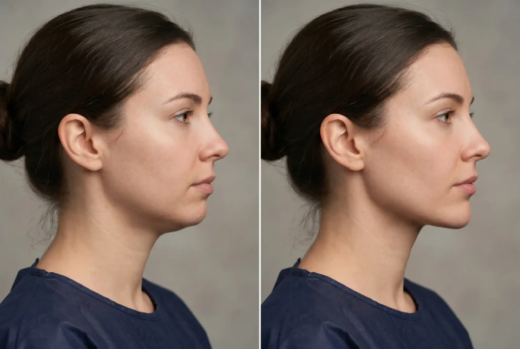 Before and after profile showing a sharper jawline from filler
