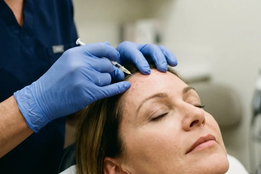 Close-up of a fine needle giving a Botox injection to a patient's forehead