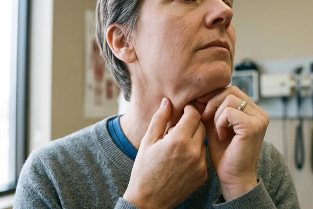 Person pinching loose skin under the chin to check if liposuction can fix turkey neck