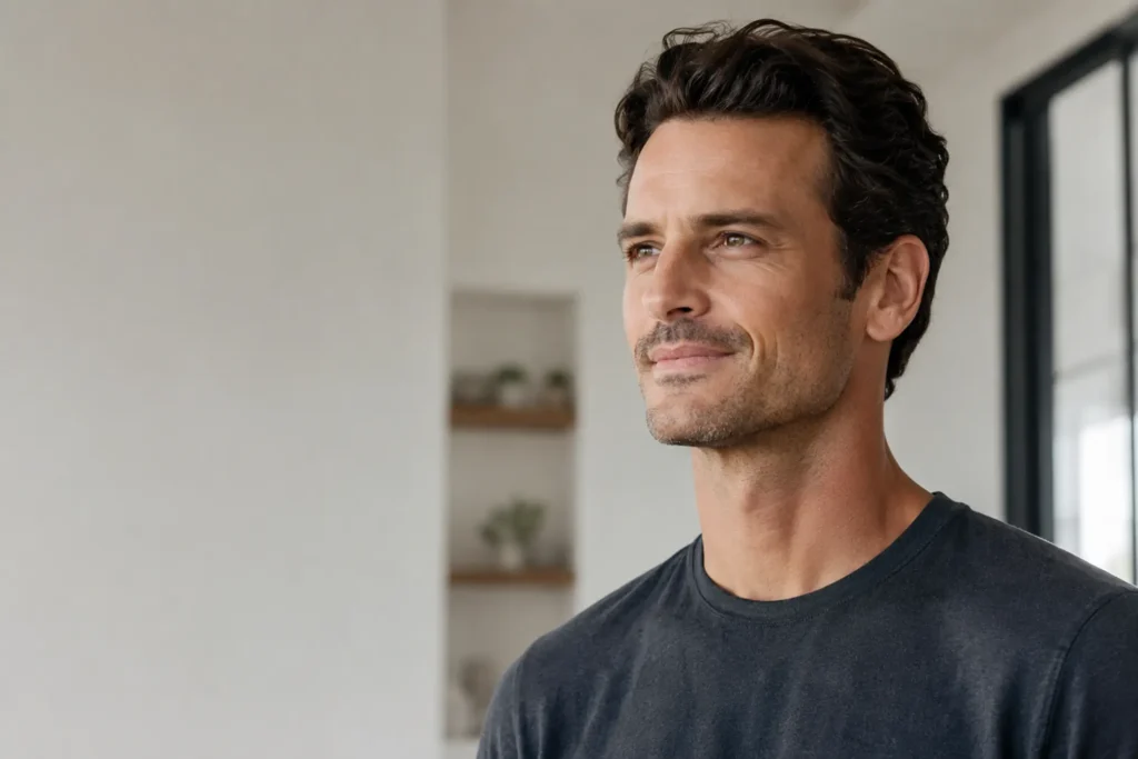 Confident man with a sharp, defined jawline after neck liposuction in Beach Park, FL