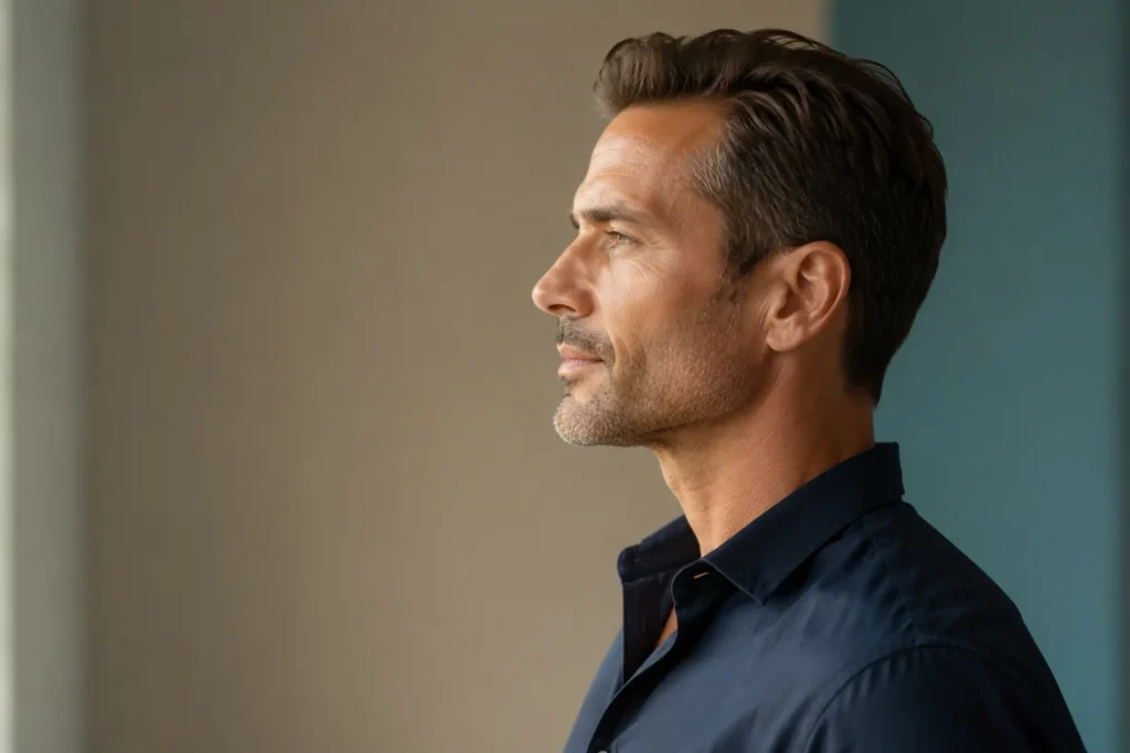 Defined male jawline in profile after neck liposuction near Beasley