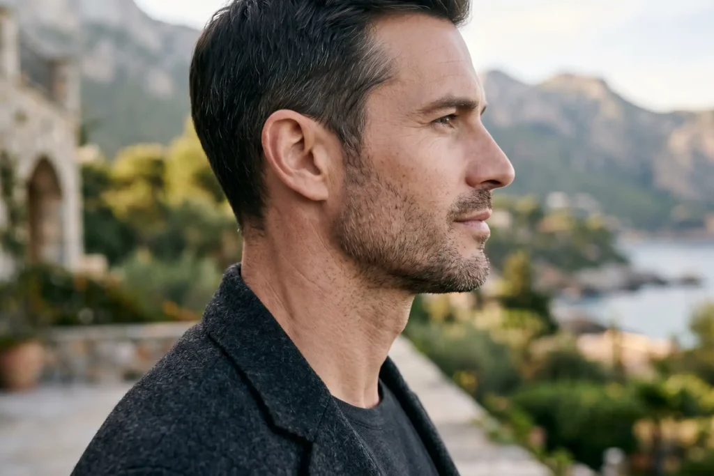 Defined male jawline showing a neck liposuction result