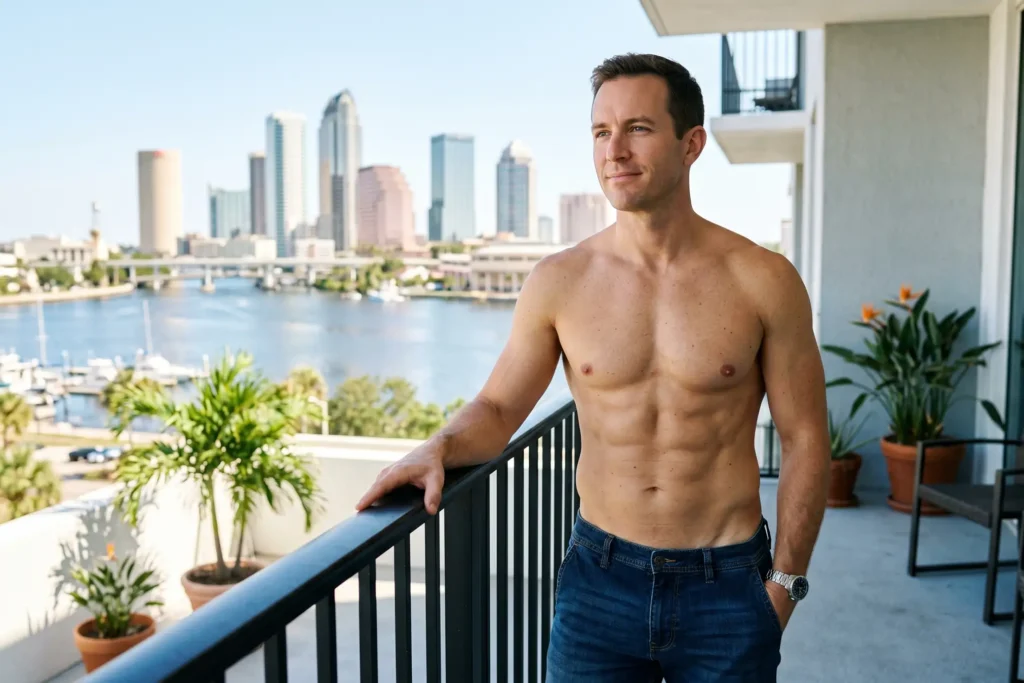 Fit man showing lasting flat stomach results after HD liposuction