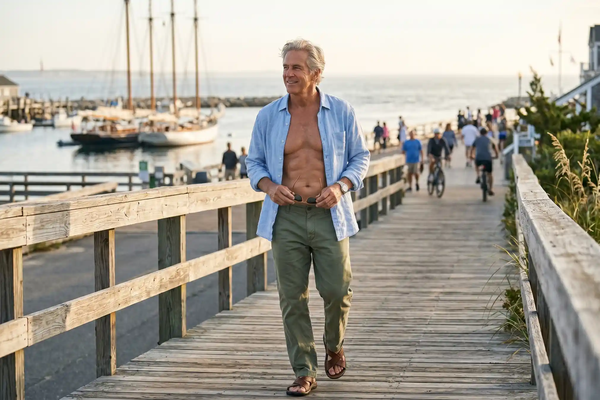 Fit older man on a boardwalk illustrating HD liposuction for older adults