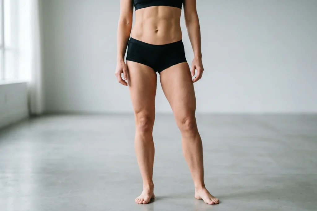 Flat stomach and thighs after a tummy tuck showing the contrast effect