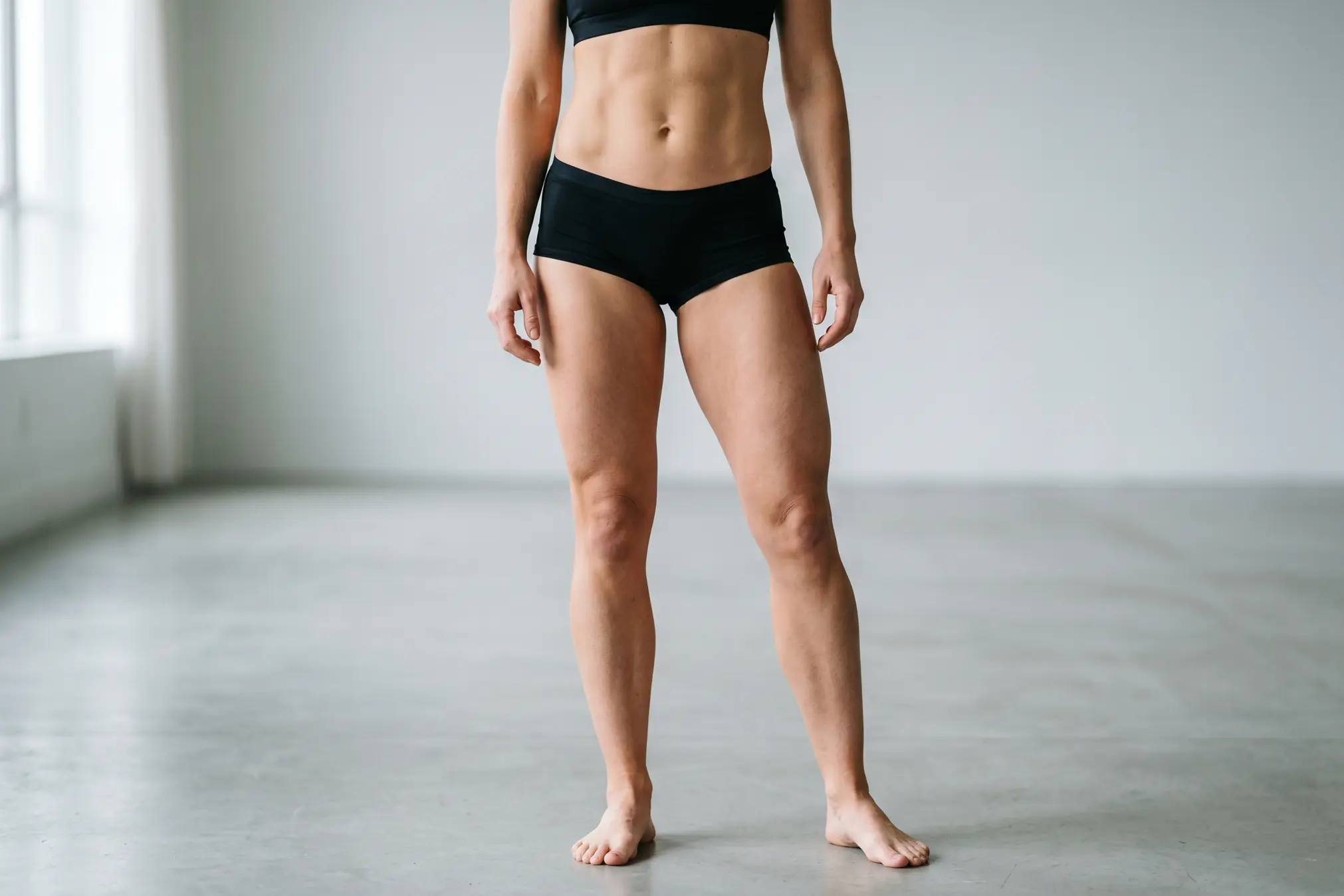 Flat stomach and thighs after a tummy tuck showing the contrast effect